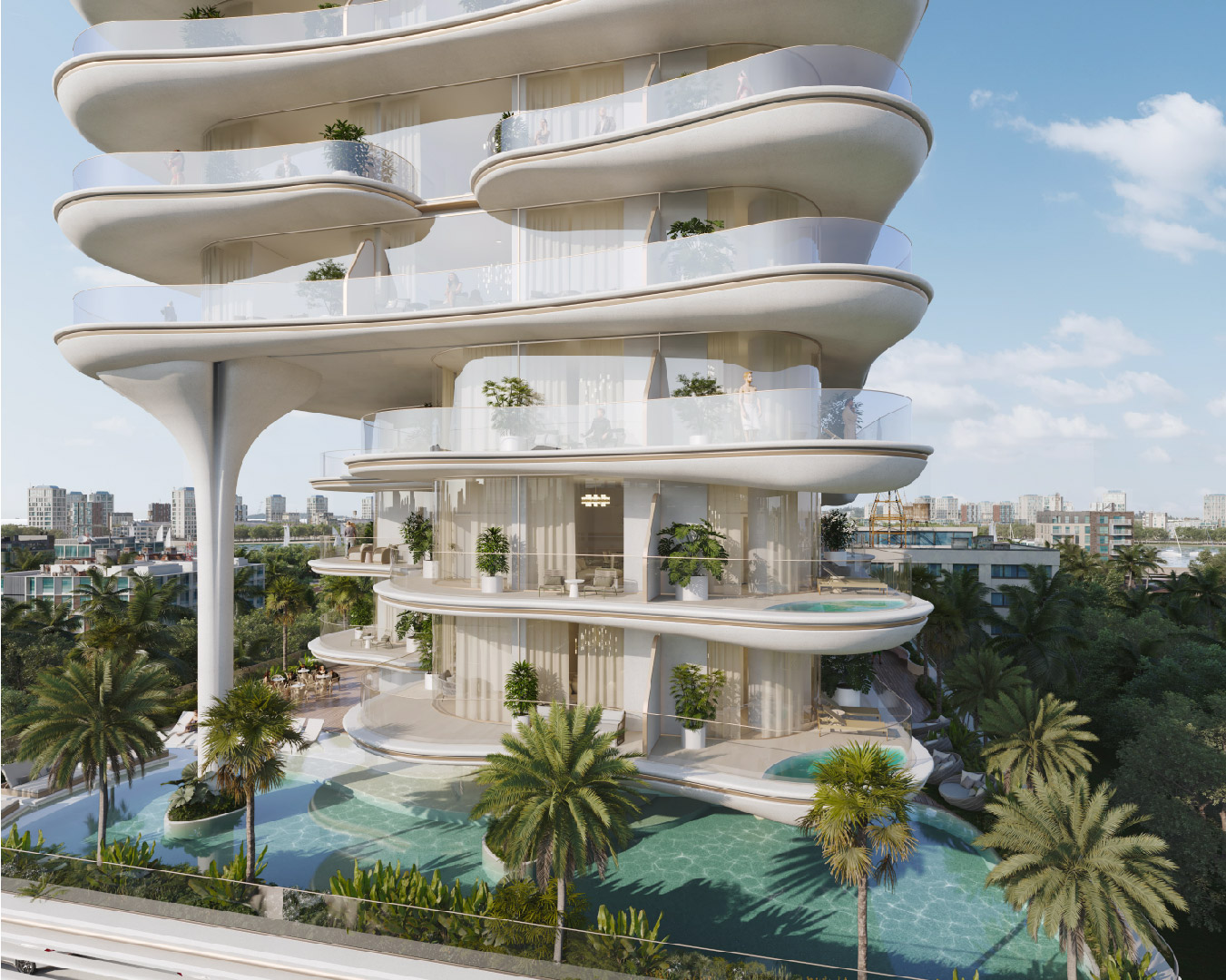 Beach Walk Iii By Imtiaz A modern architectural building with curved balconies, surrounded by palm trees and a serene pool area.